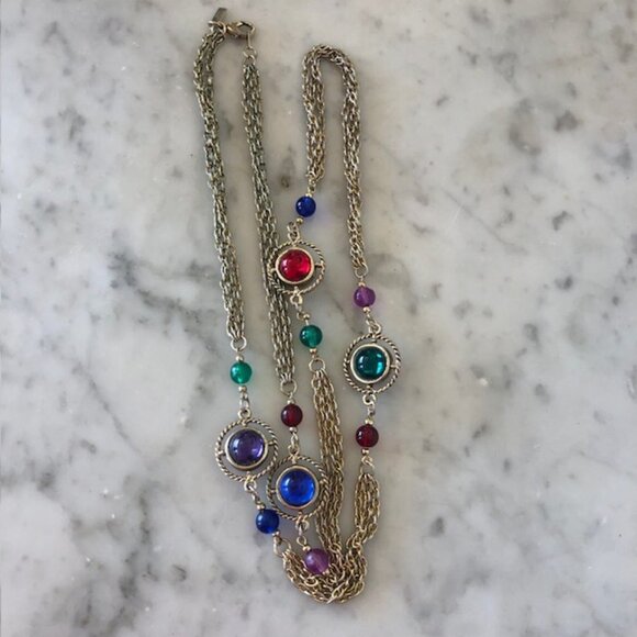 LADY REMINGTON Signed Cabochon Gold Tone Long Necklace 1980's - Picture 8 of 16